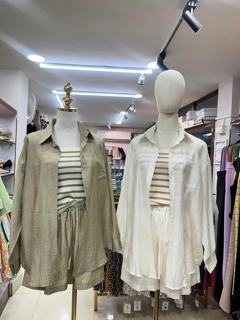 Chiffon Collar Shirt and Short With Stripes Tang Top Sets